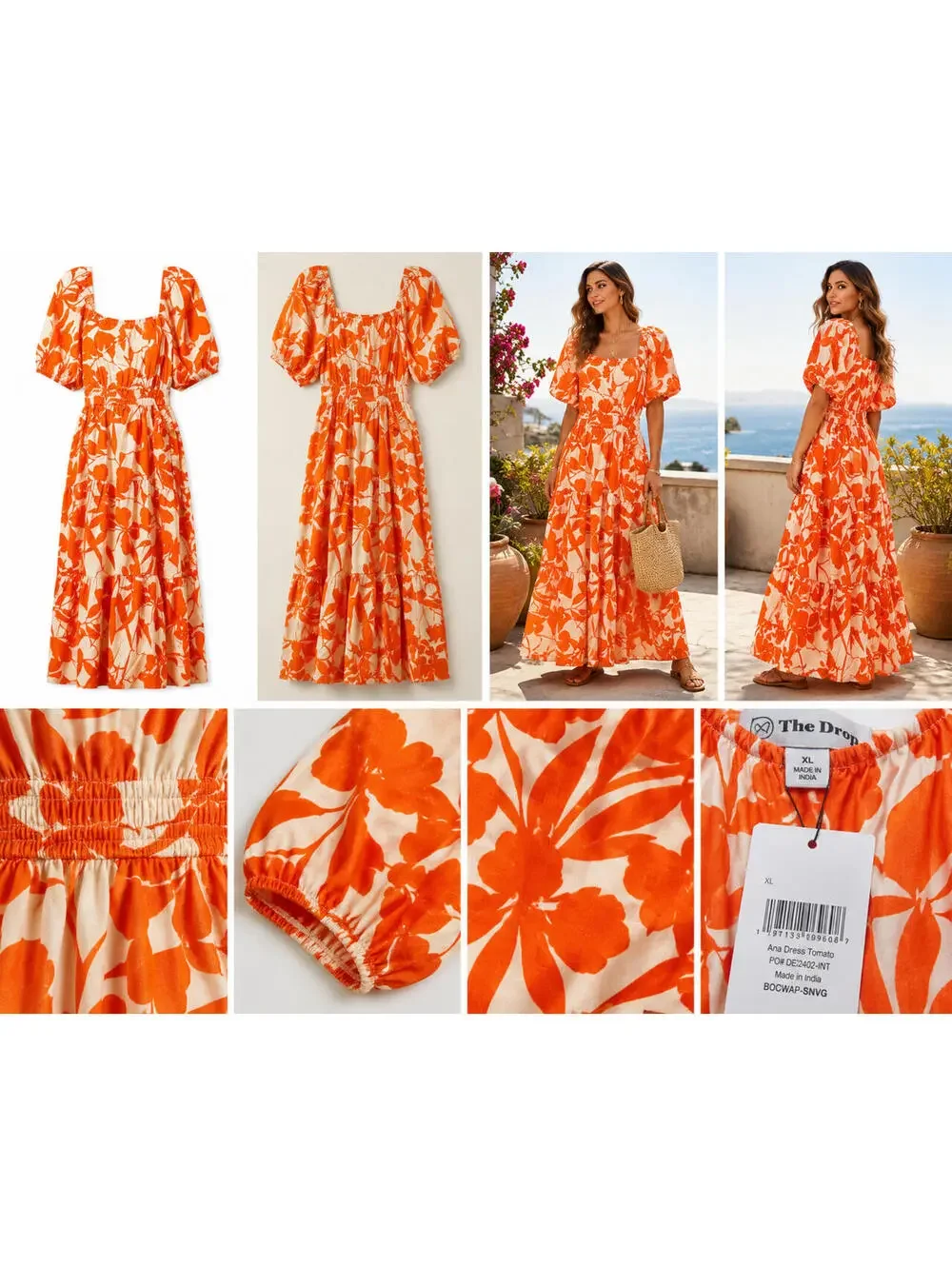 The Drop Orange White Floral Maxi Dress XL Puff Sleeve Smocked Waist Summer Reso - Picture 1 of 6